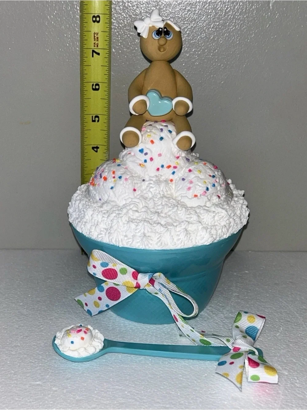 Fake Gingerbread Ice Cream Dessert Bowl  Display Handmade Teal